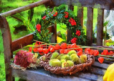 holiday wreath, bench, flowers,