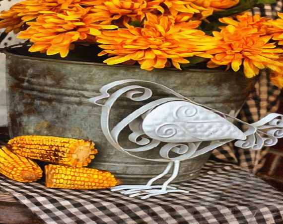 bird, corn, bucket, flowers,