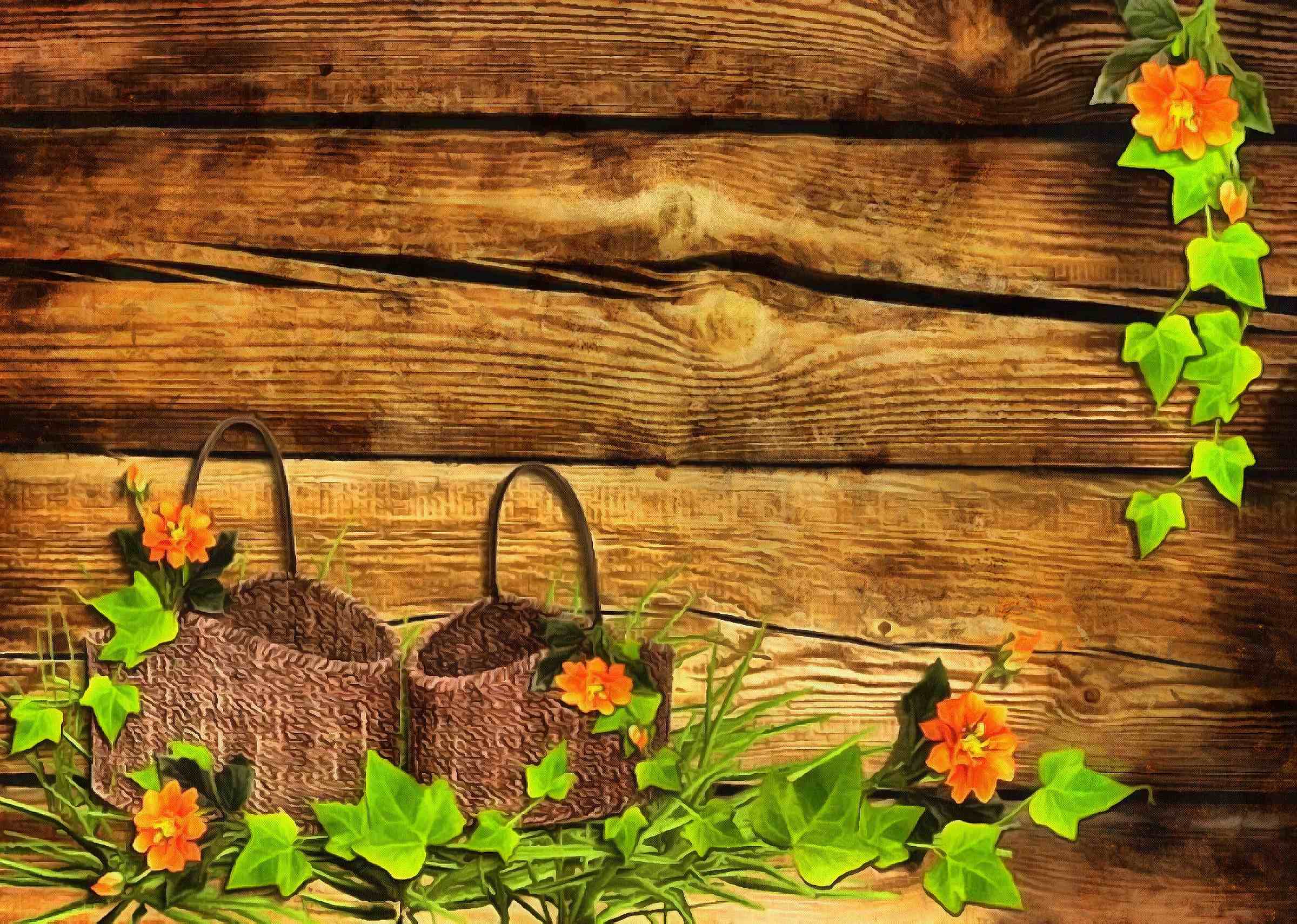 <br>baskets, wooden wall, leaves,