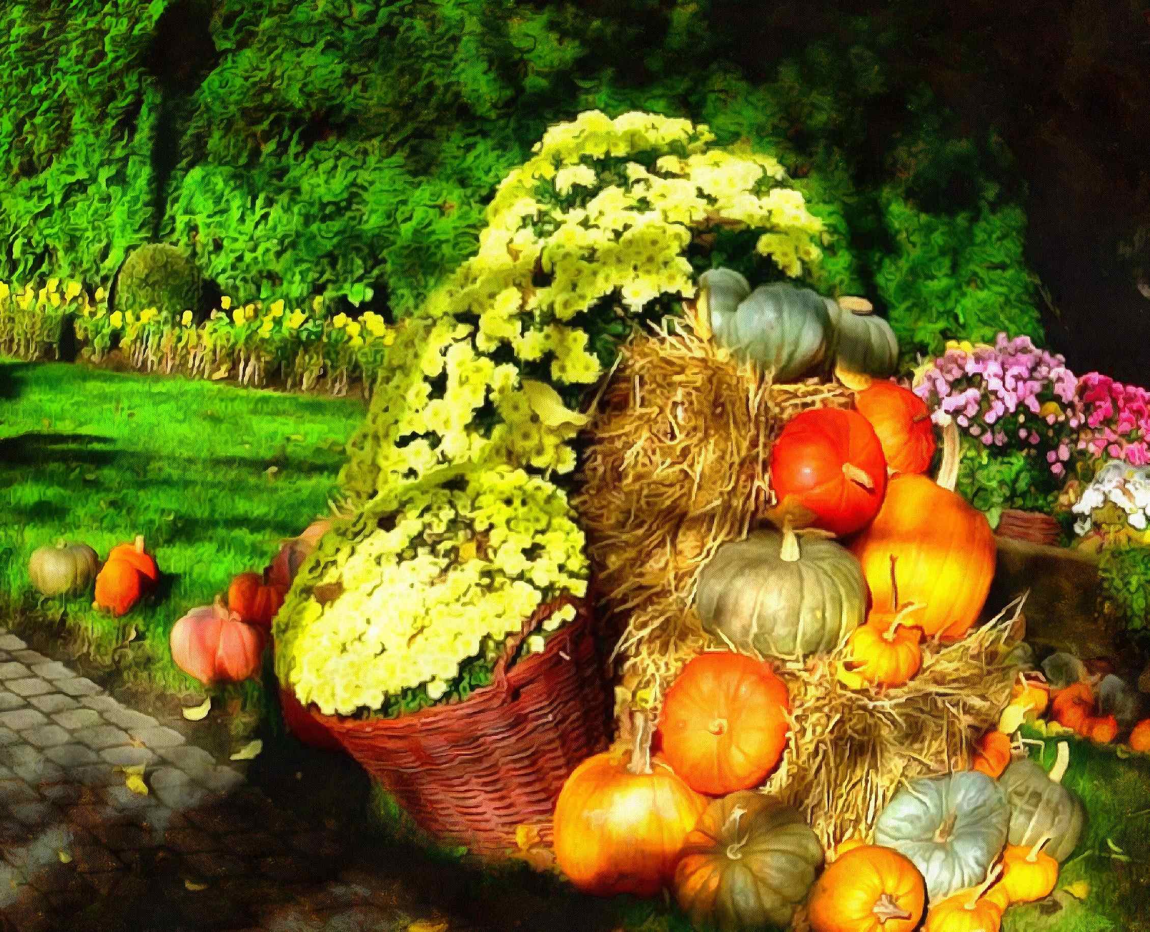 <br>flowers, pumpkins, harvest,