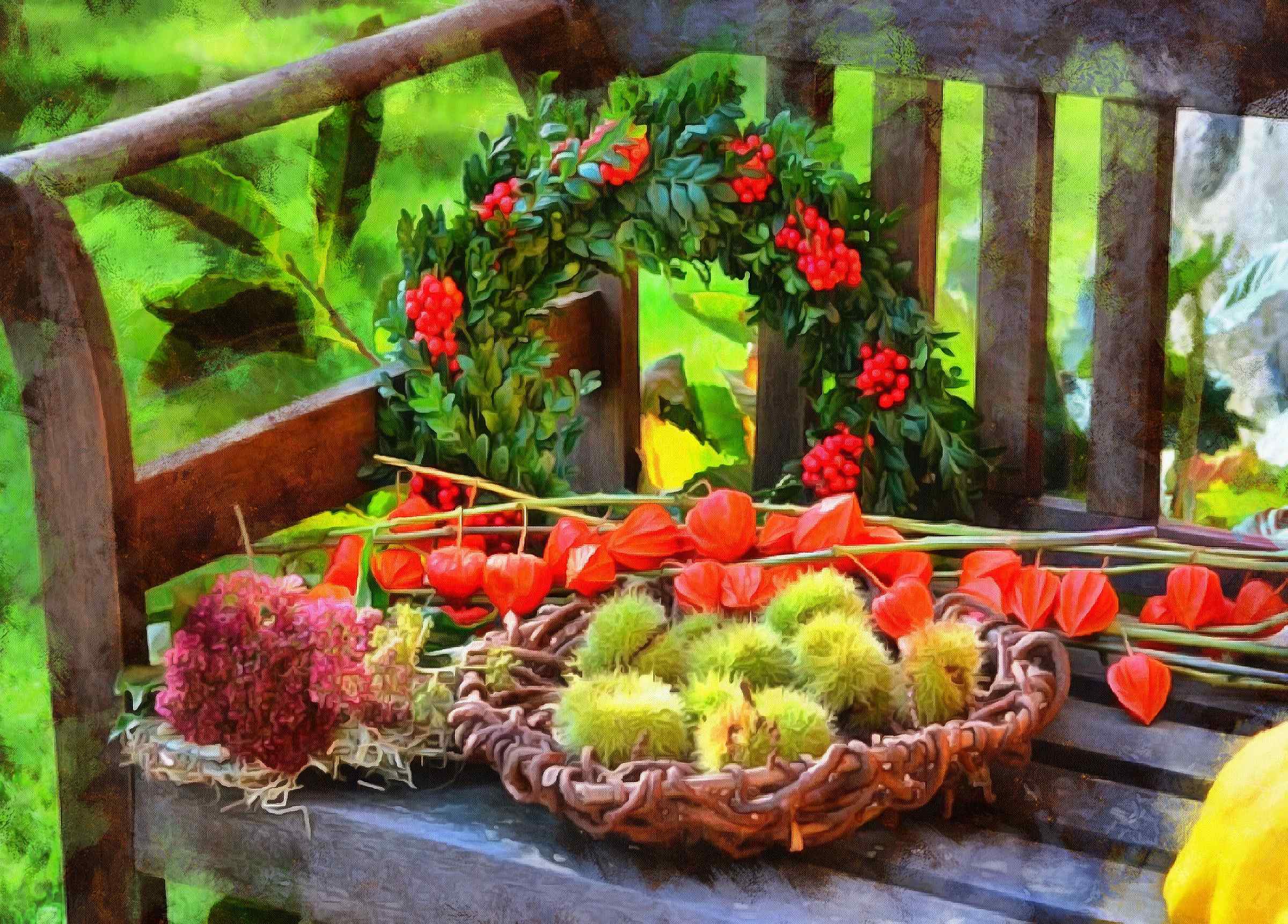 <br>holiday wreath, bench, flowers,