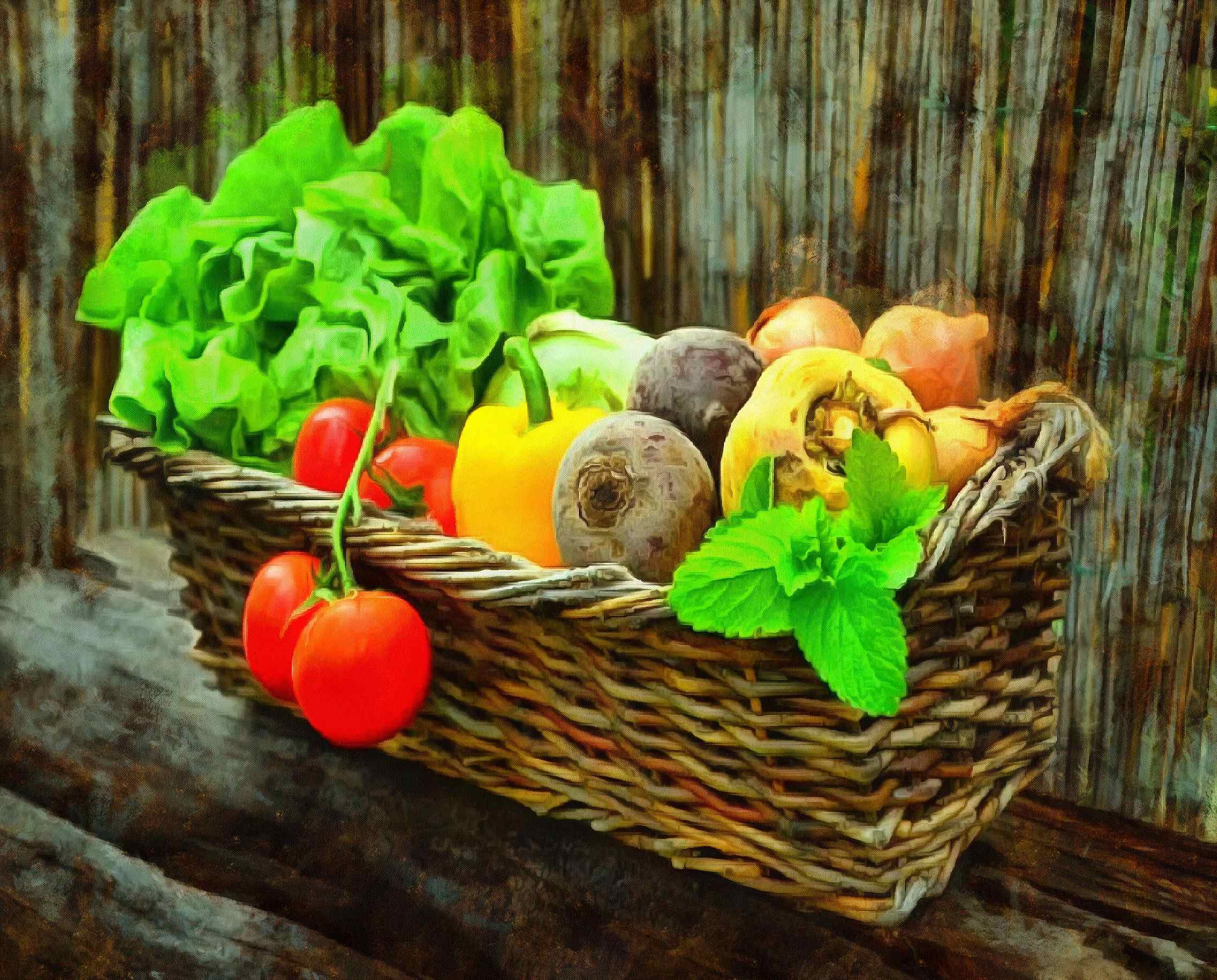 basket, vegetables, tomatoes, mint, vintage, peppers, beets, greens,