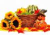 basket sunflowers, leaves, pumpkin, holiday, smile, candle, Halloween pumpkin