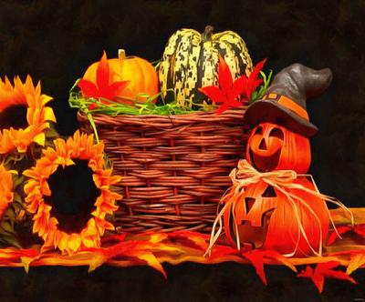 holiday basket, pumpkins, holiday, smile, candle, Halloween pumpkin